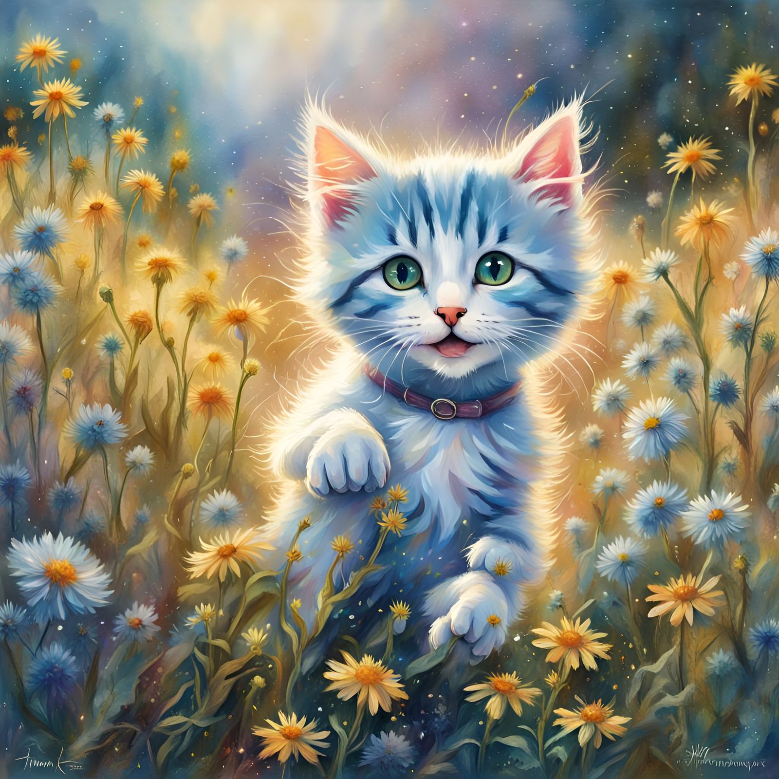 Joyful Kitten Jumps in Wildflowers: Digital Art