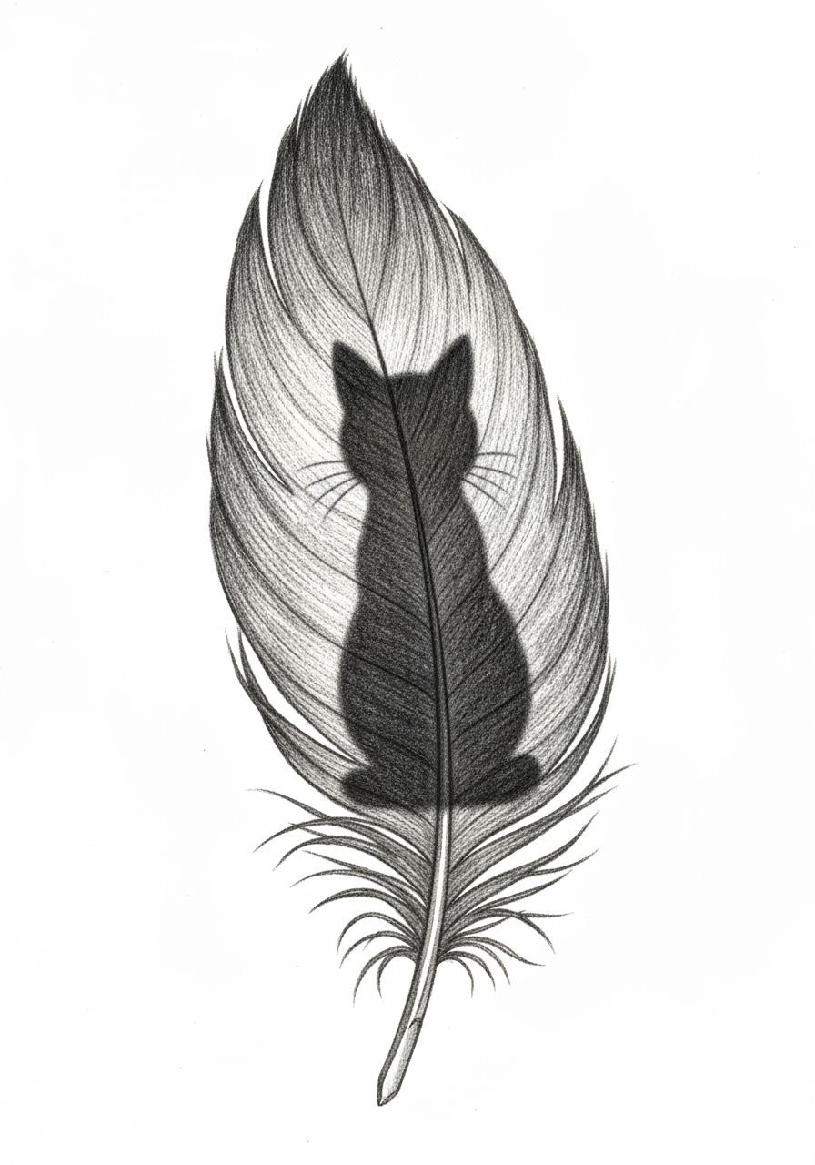 A drawing of a feather within the shading of which is the su...