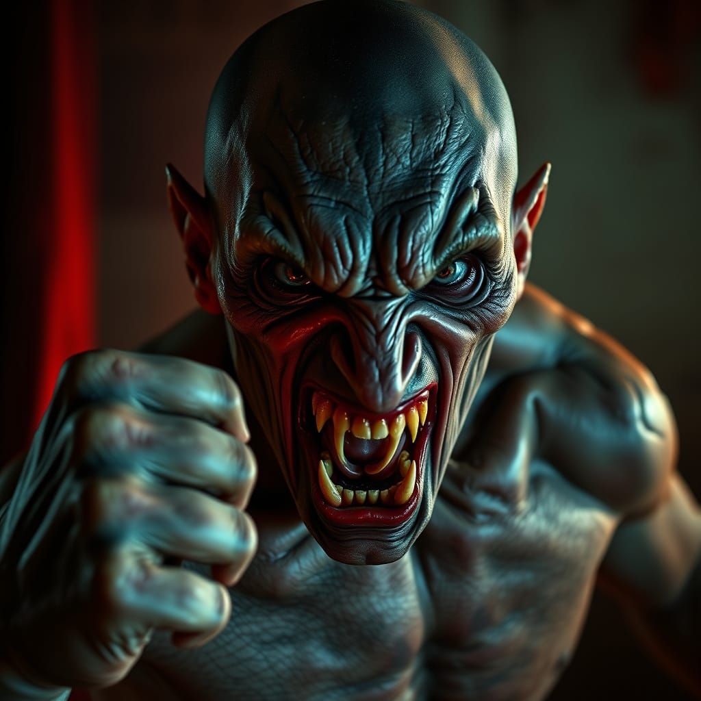 Emaciated Vampire Fights in Desperate Rage, HDR, Cinematic L...