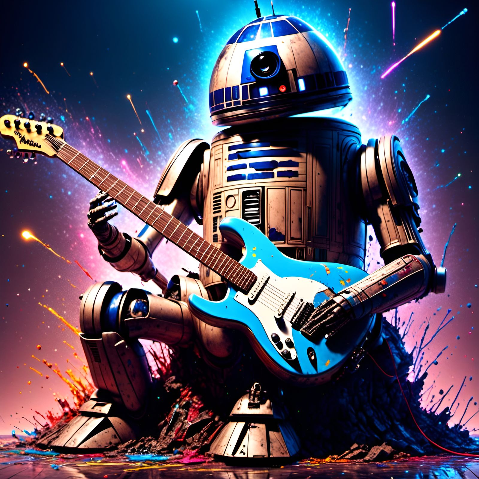 R2-D2 Plays Electric Guitar: Digital Illustration