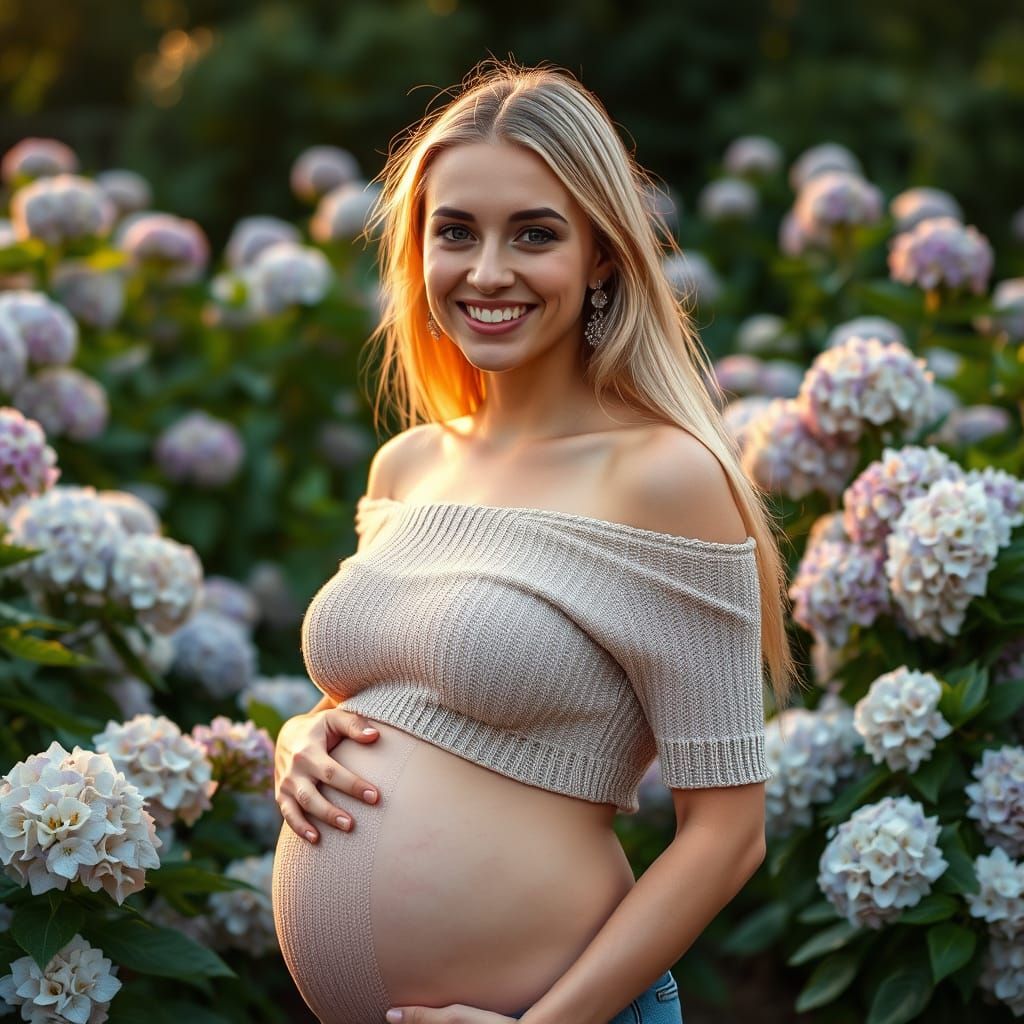 Pregnant Woman in Hydrangea Garden: Photorealistic Portrait