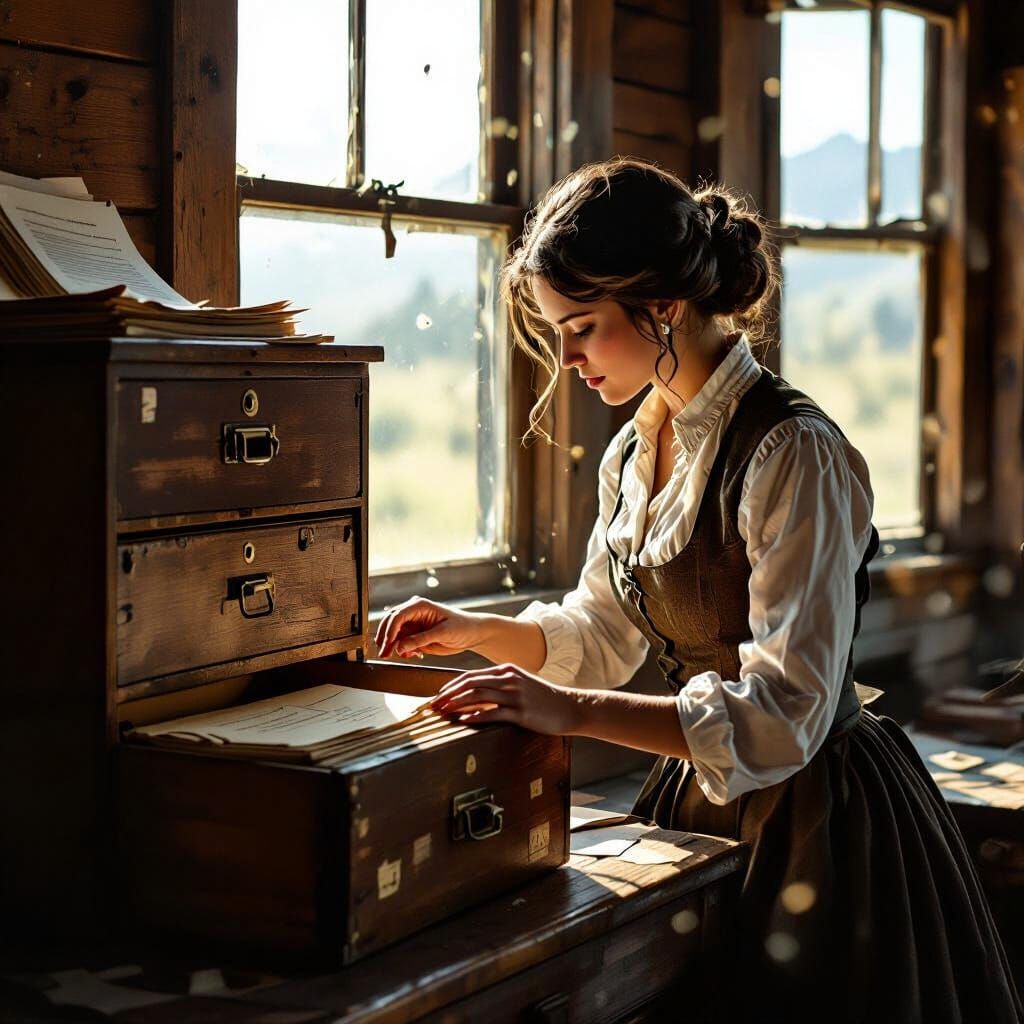 1800s Wyoming Woman at Land Office File Cabinet