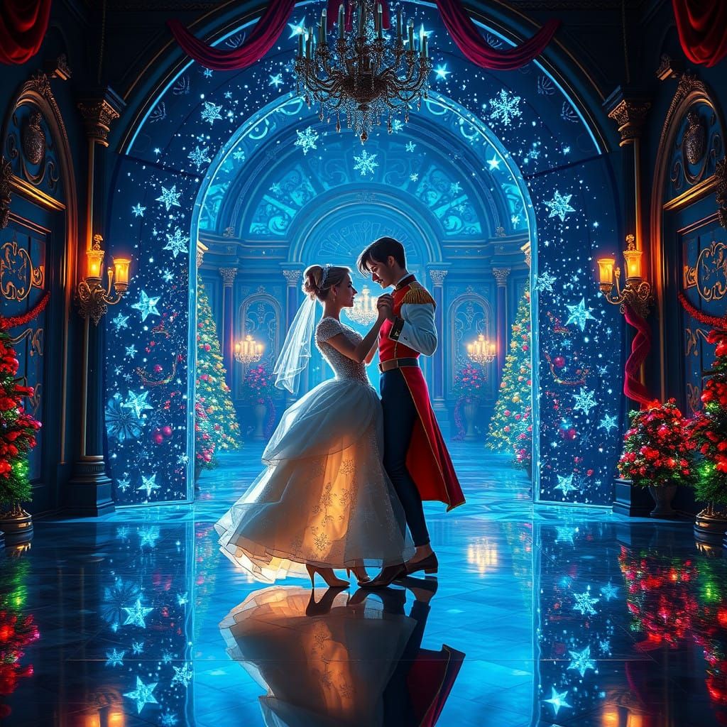 Cinderella and Prince Charming in a Vibrant Holographic Roya...