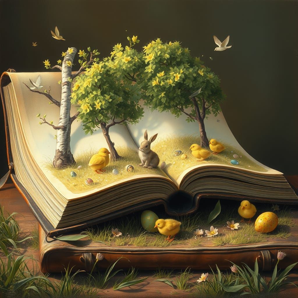 Surreal Oil Painting of Easter Wonderland with Delicate Brus...