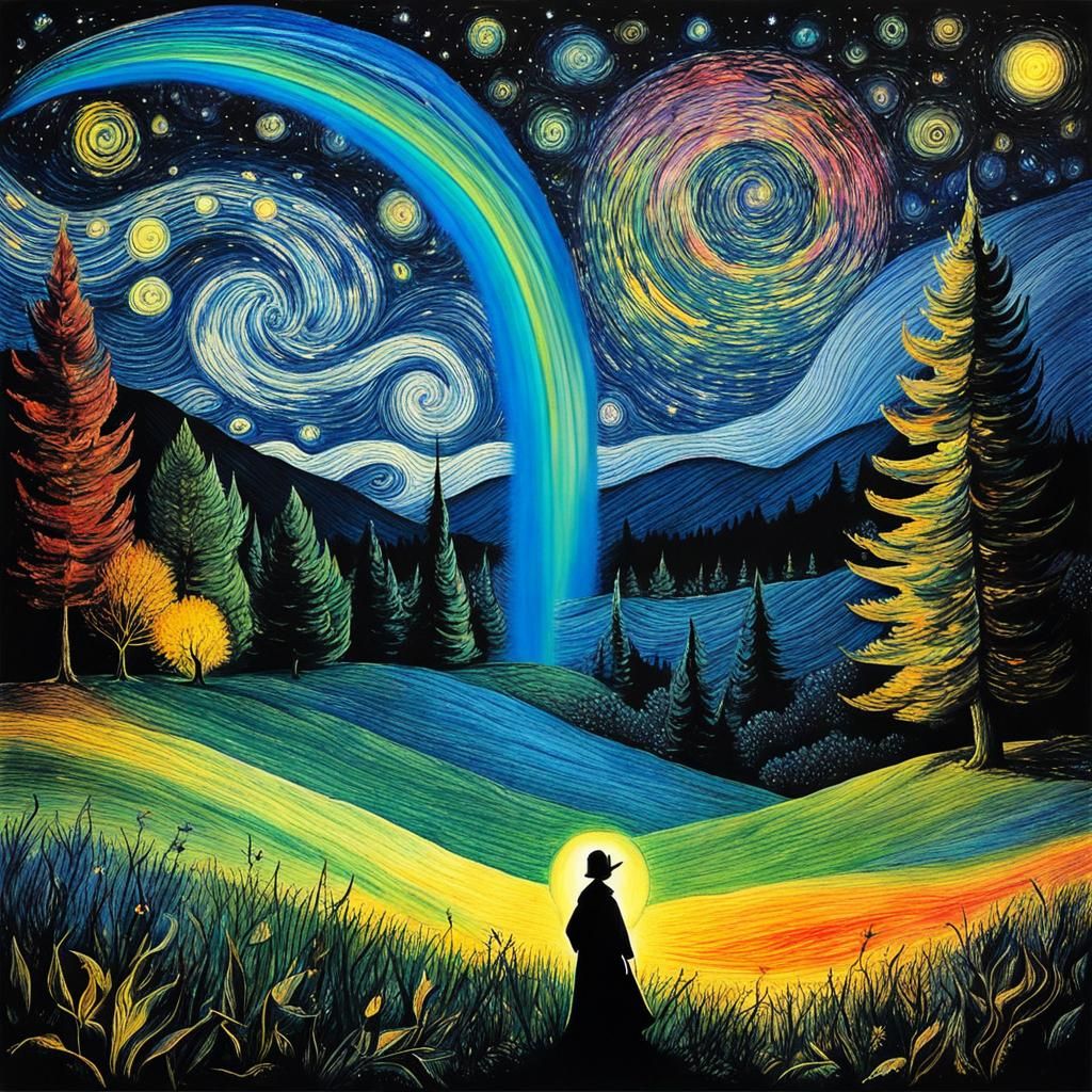 Fairies Gather on Starry Night: Surreal Crayon Art