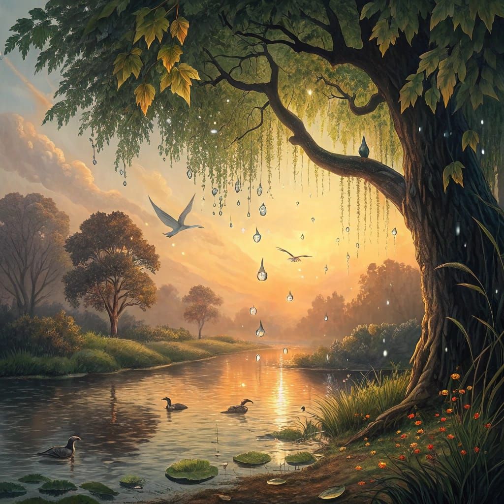 Dew Drops Falling on Water at Sunset with Birds