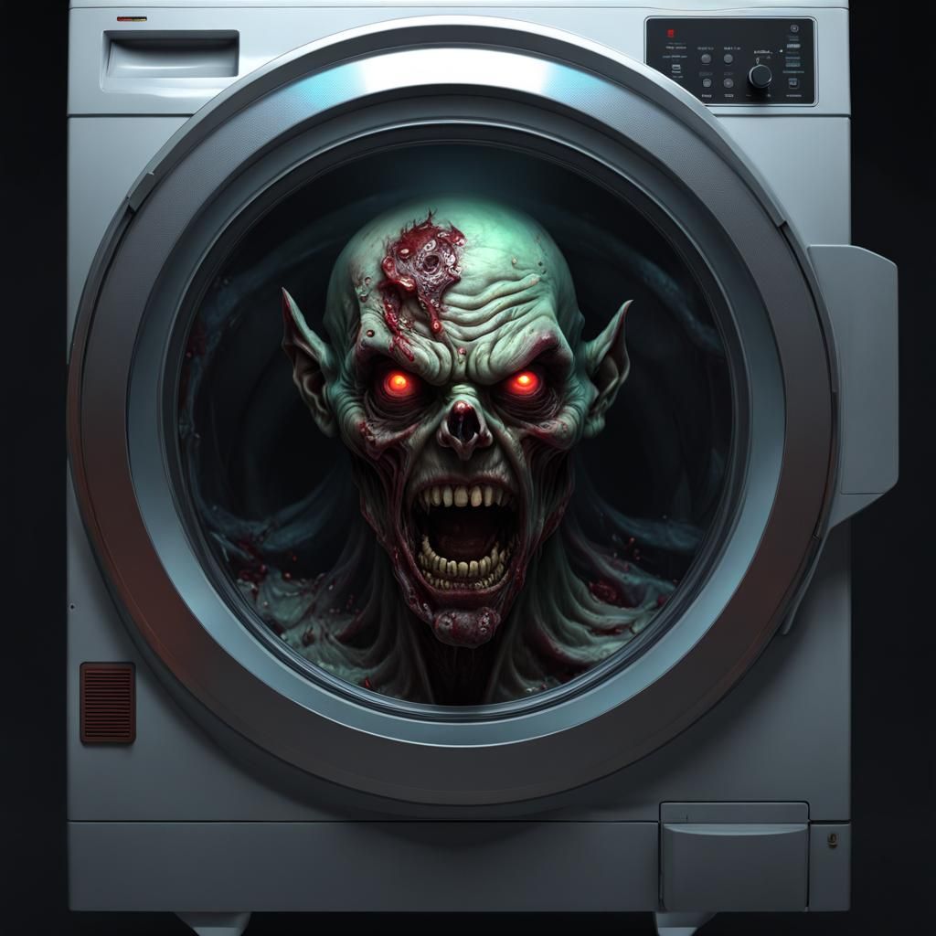 Sinister Zombie Face Rising from Washing Machine