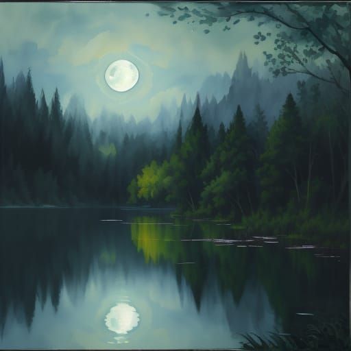 Dark Green Lake Under Silver Moon as Gouache Painting
