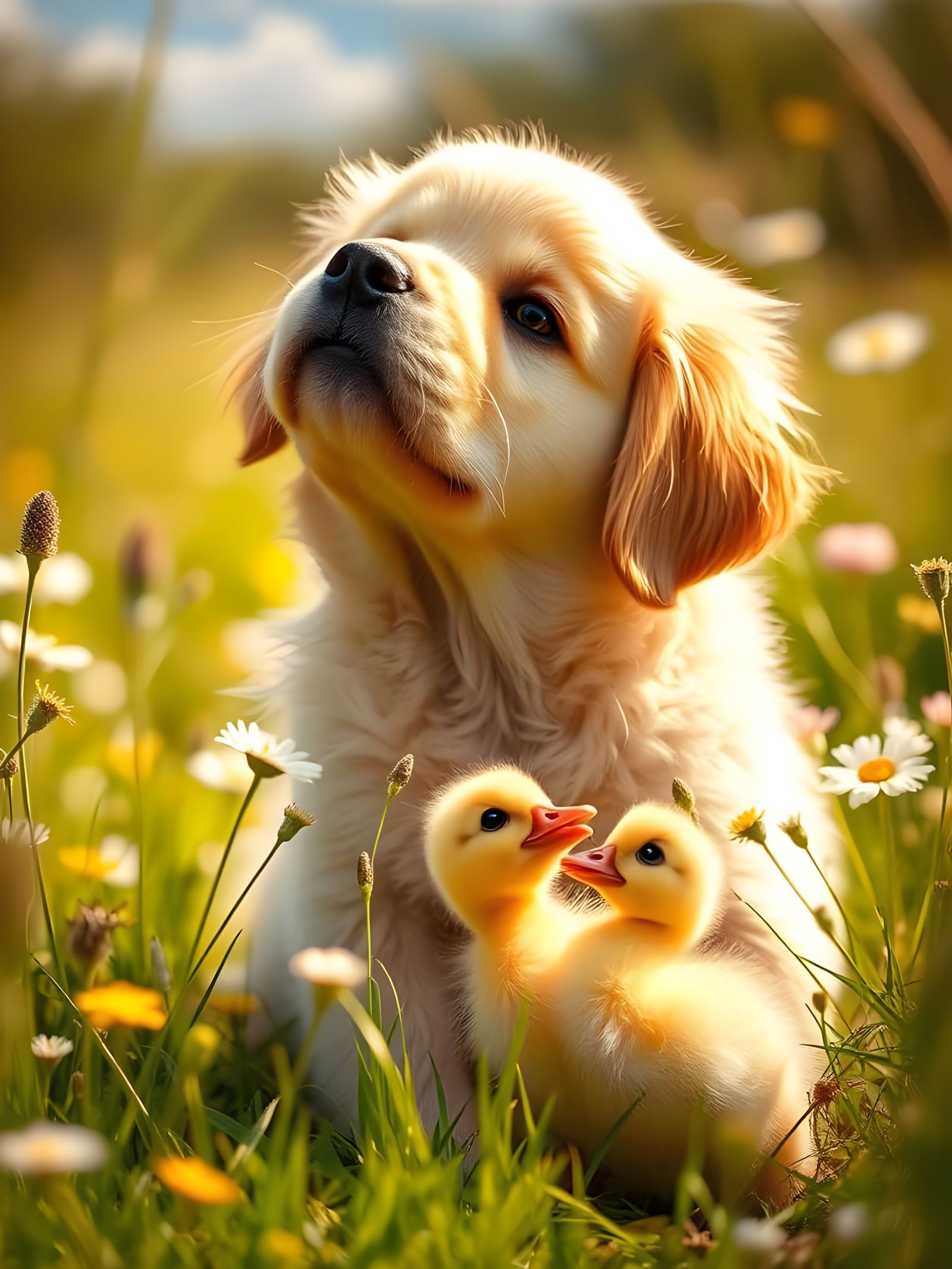 Golden Retriever Puppy and Duckling in Sunny Meadow