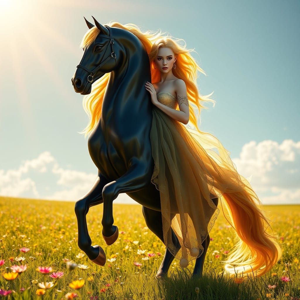 Surreal Equine Goddess in Vibrant, Dreamlike Landscape