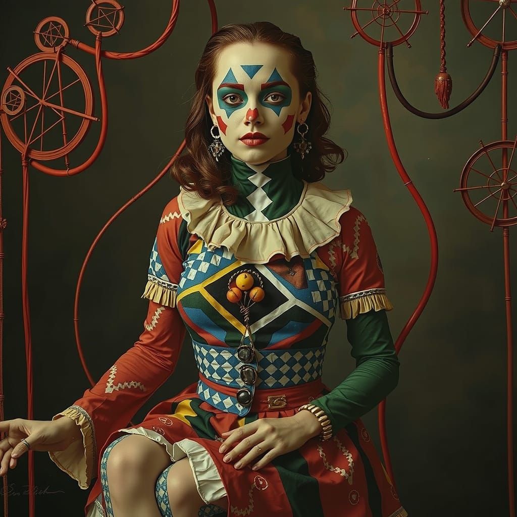 Harlequin in Geometric Maze: Photorealistic Hyperrealism