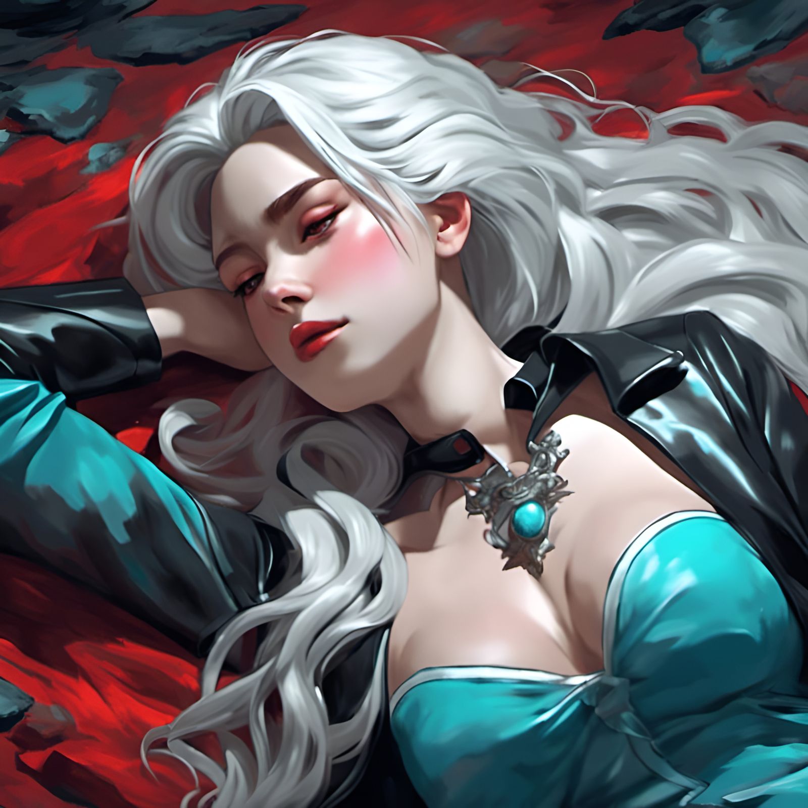 Anime Woman with White and Blond Hair in 3D Oil Painting