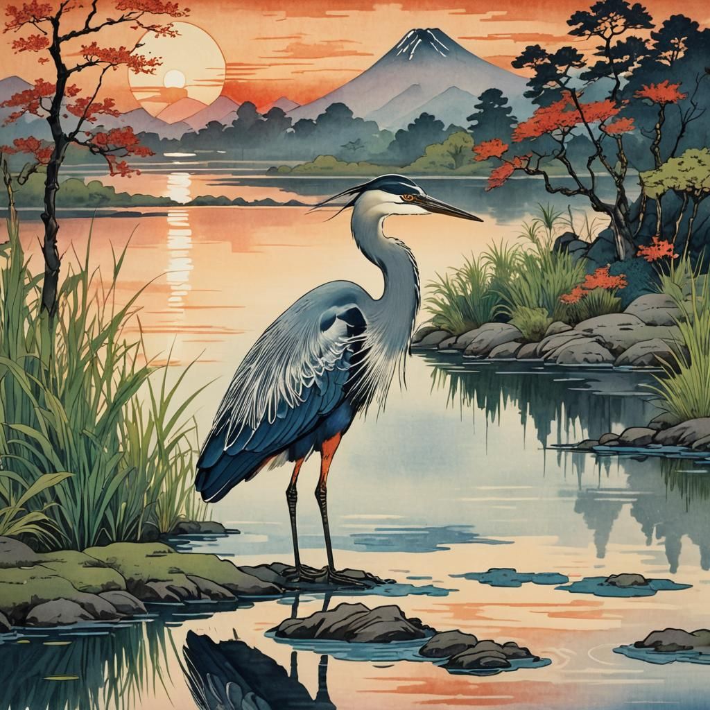 Heron at Sunset Pond in Ukiyo-e Style
