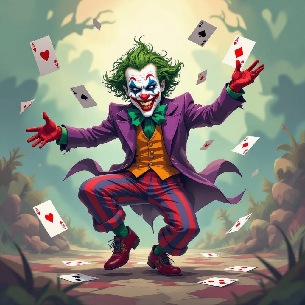 Surreal Joker Jester in Dreamlike Landscape