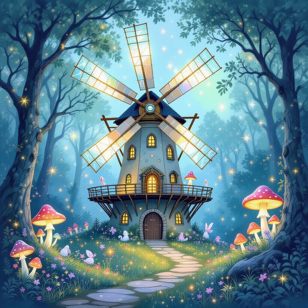 Enchanted Bioluminescent Forest Fairytale Windmill as Waterc...