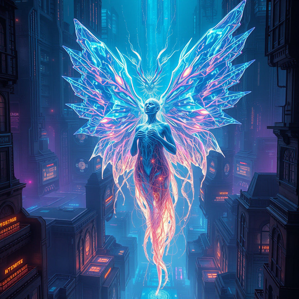 Ethereal Being in Cyberpunk Cityscape