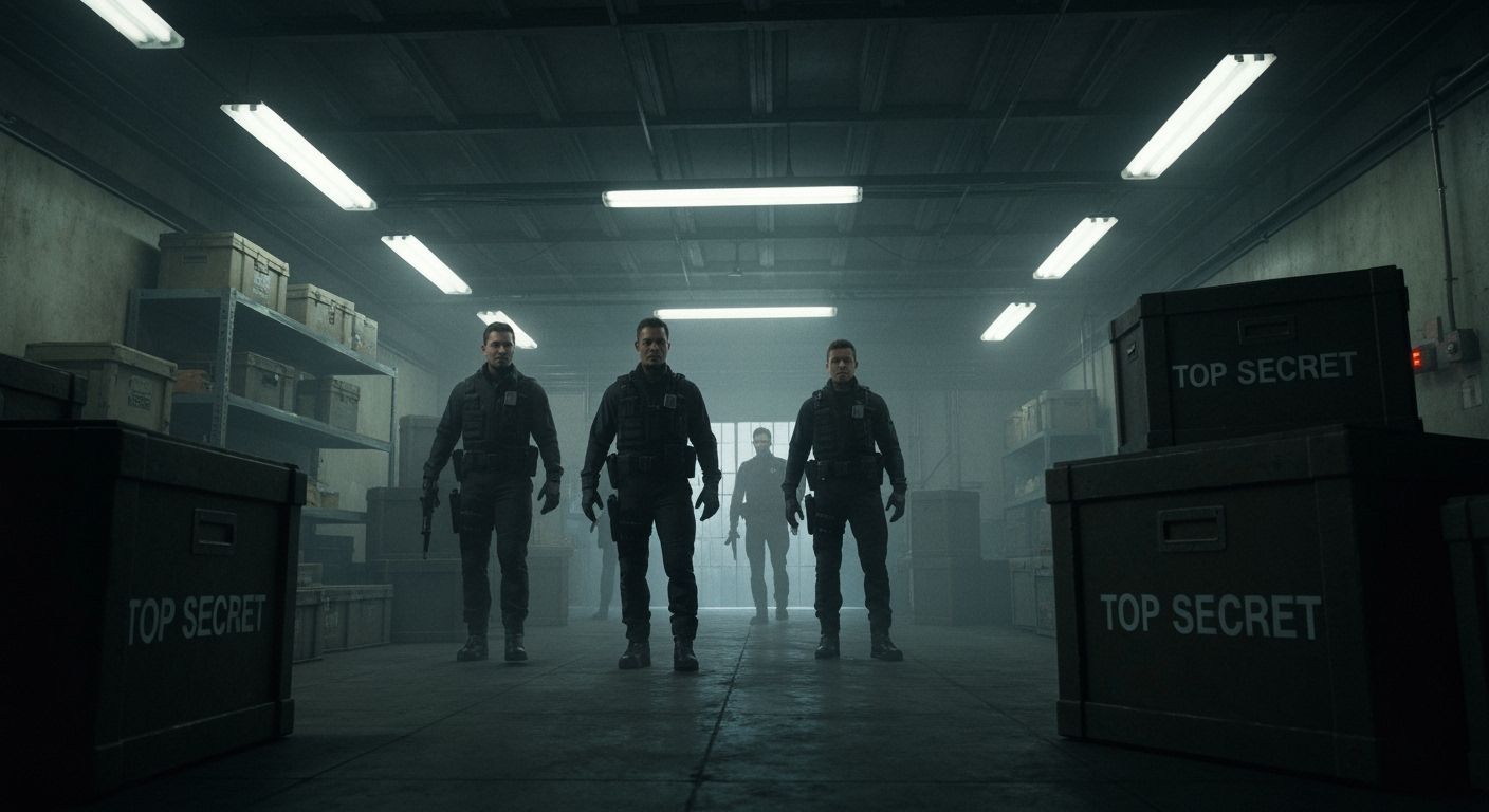 Men in Black in a Dimly-Lit UFO Warehouse