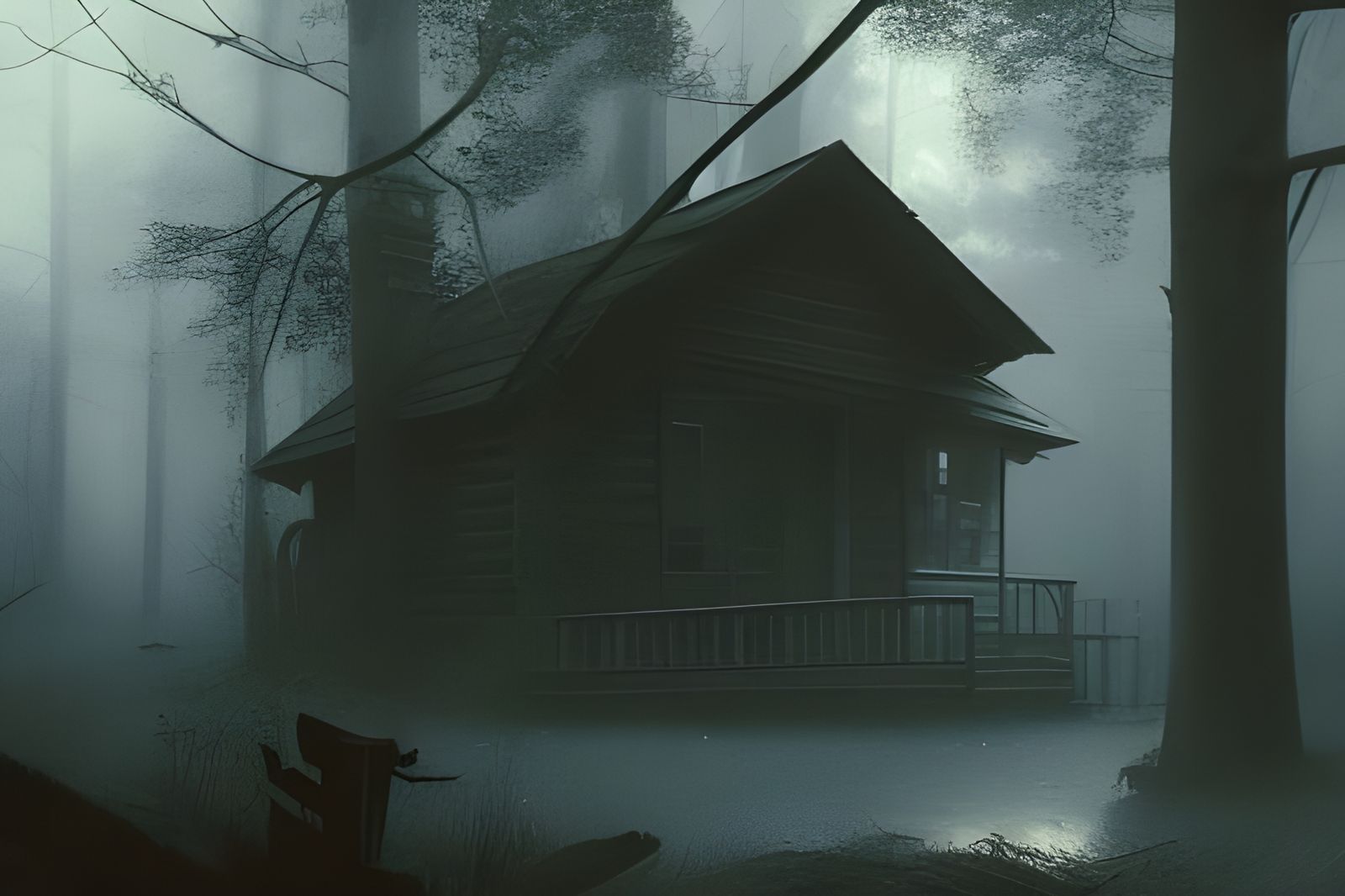 Spooky Haunted Cabin in Fog: Dark Fantasy Art