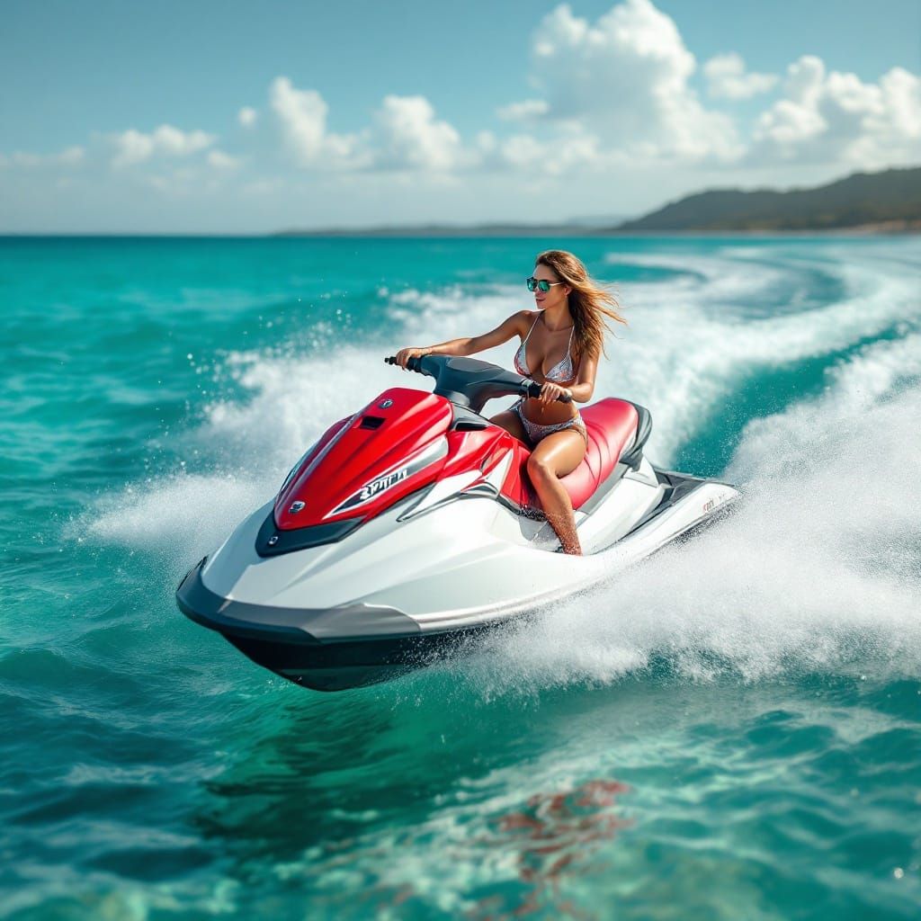 Woman on Jet Ski Near Ocean Beach