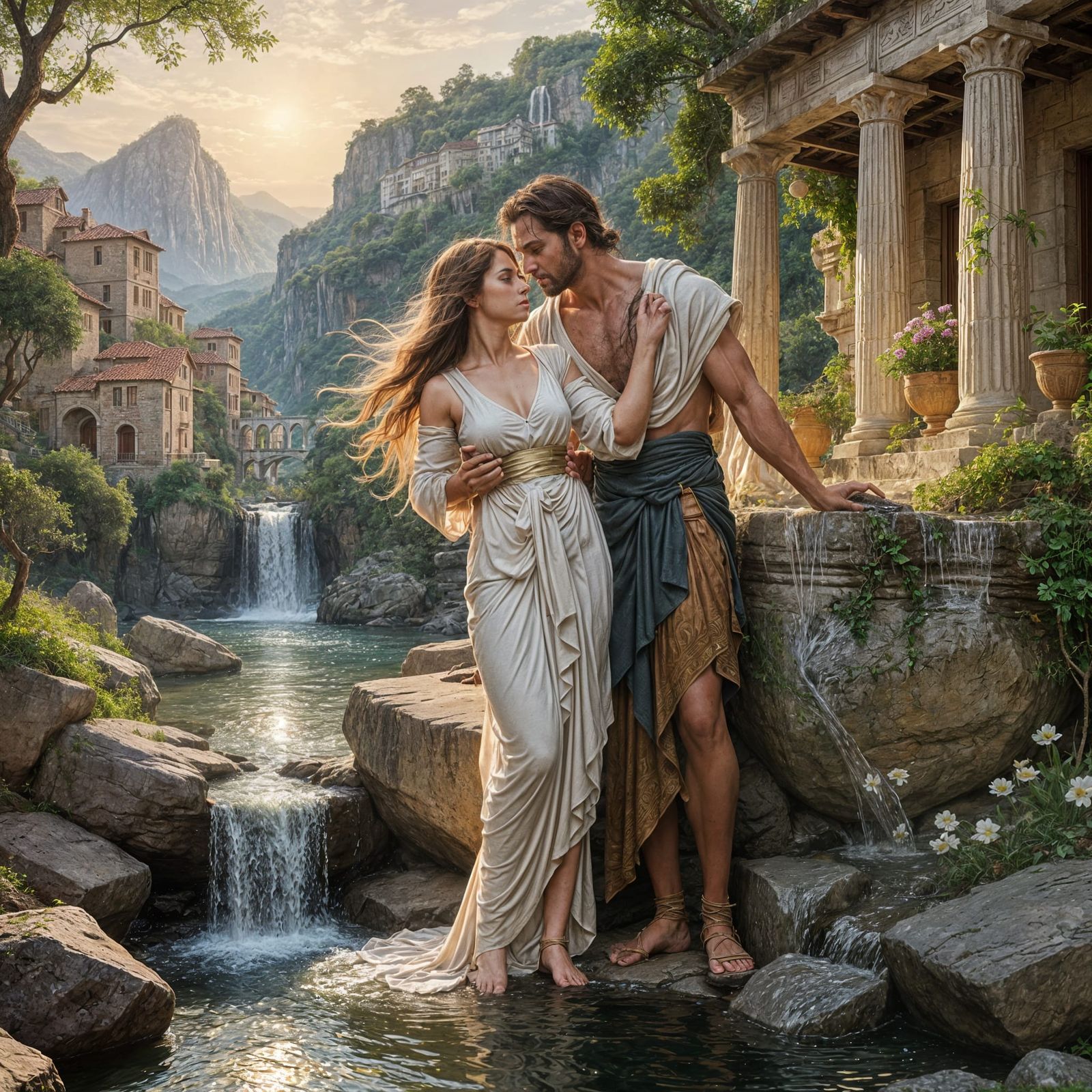 Classical Greek Couple Creates Serene Waterfall in Ancient V...