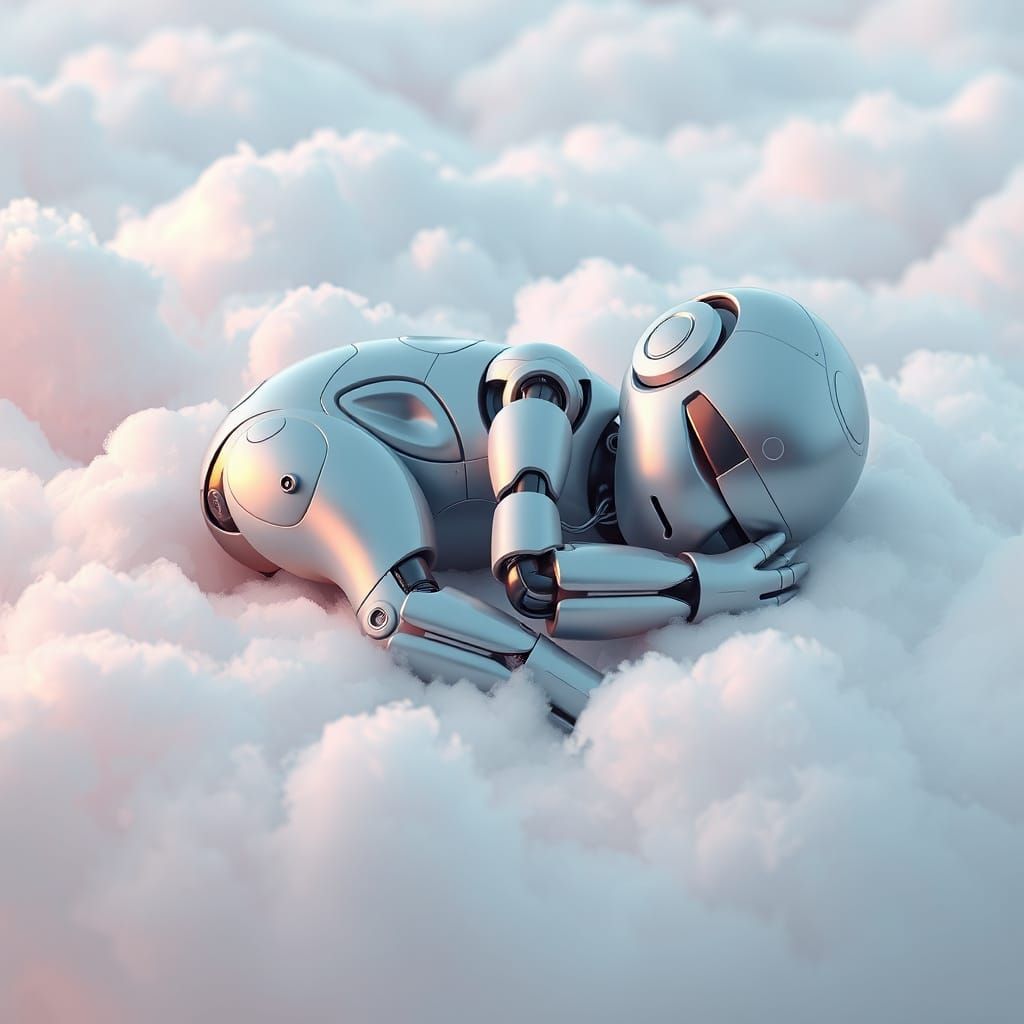 Robot Sleeps Peacefully on Pastel Clouds