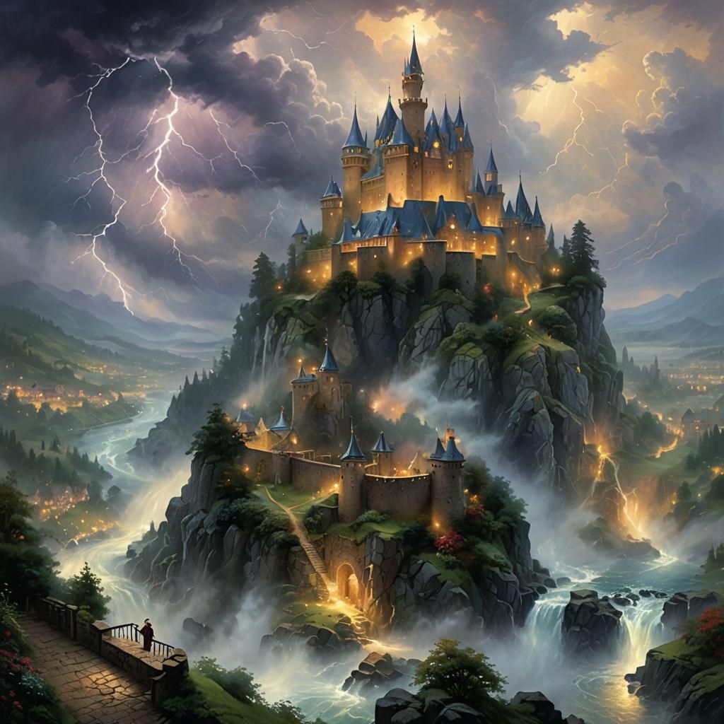 Ethereal Thunderstorm over Castle in Fantasy Style