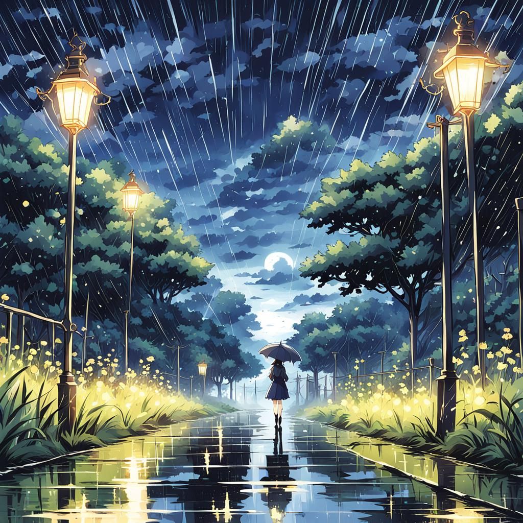 Rainy Night Field in Anime Style