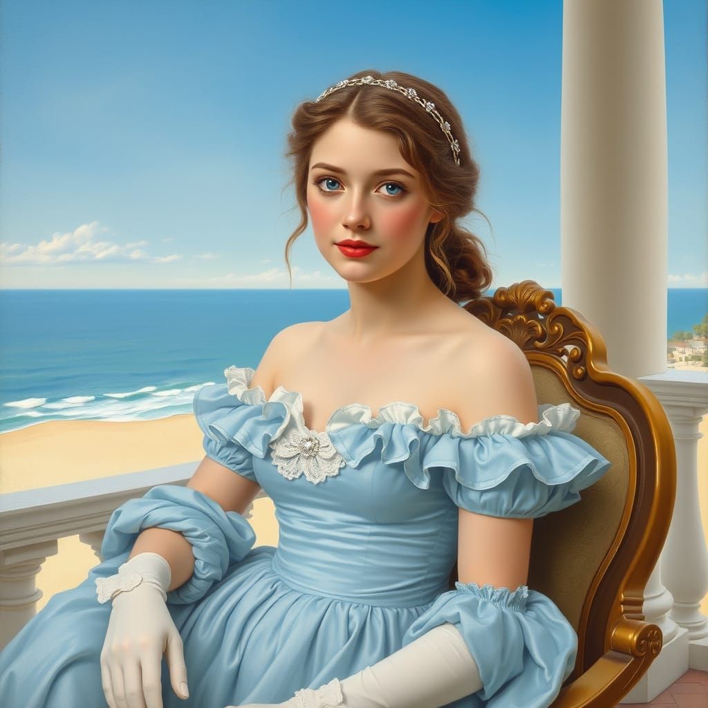 18th Century Oil Painting of Serene Woman on Balcony