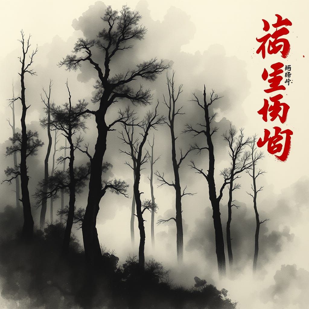 Ethereal Misty Forest in Traditional Chinese Ink Style