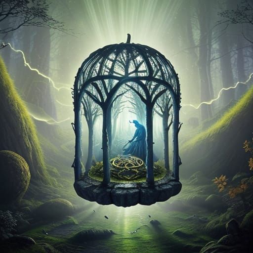 Mystical Glowing Pumpkins on Altar in Enchanted Forest