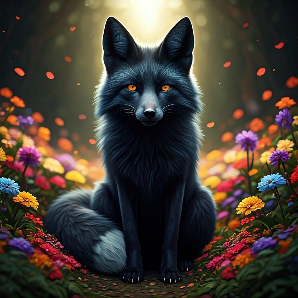 Majestic Black Fox in a Whimsical Forest