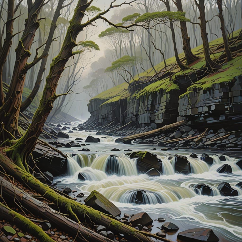Ethereal Forest Landscape in Long Exposure Oil Painting Styl...
