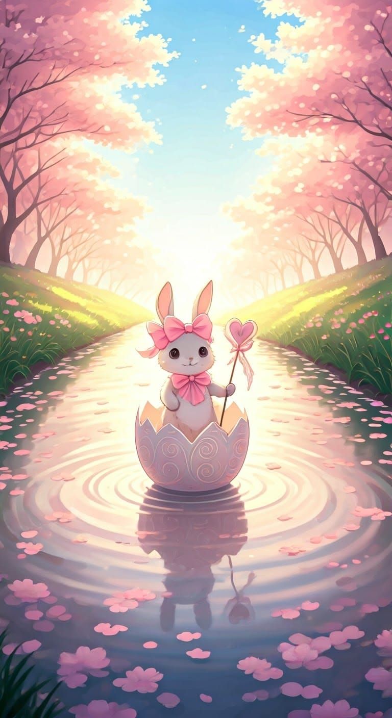 A curious little anime bunny is floating down a river in a g...