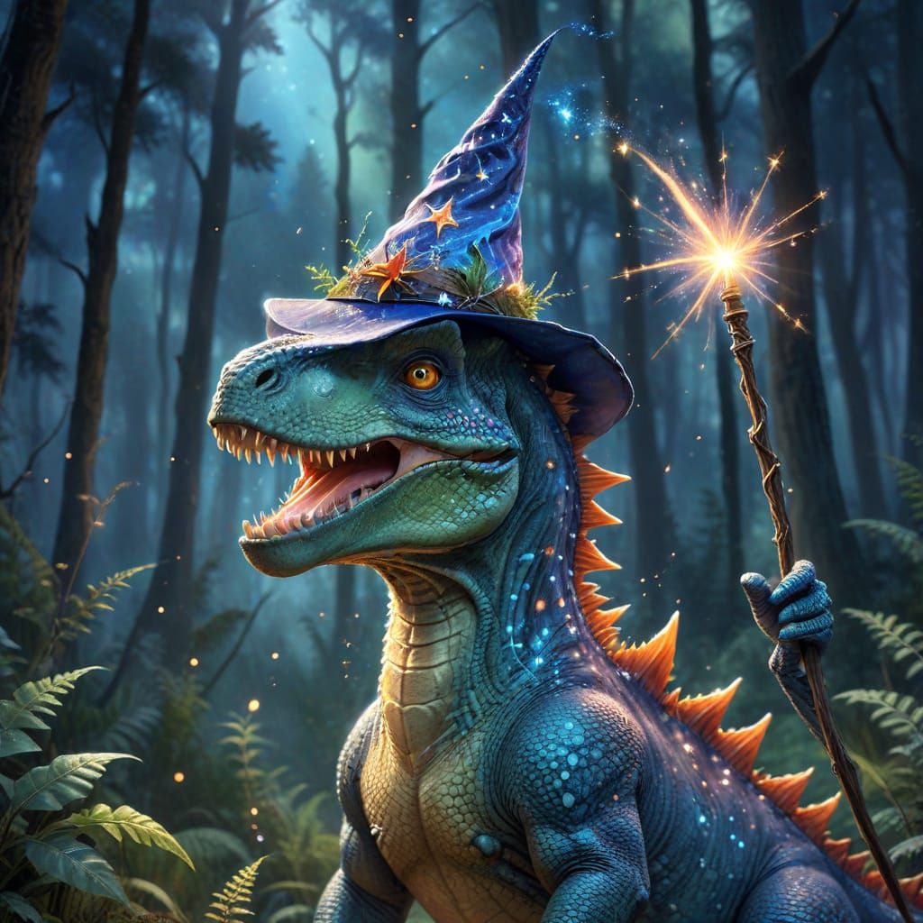 Dinosaur Wizard in Mystical Forest Watercolor