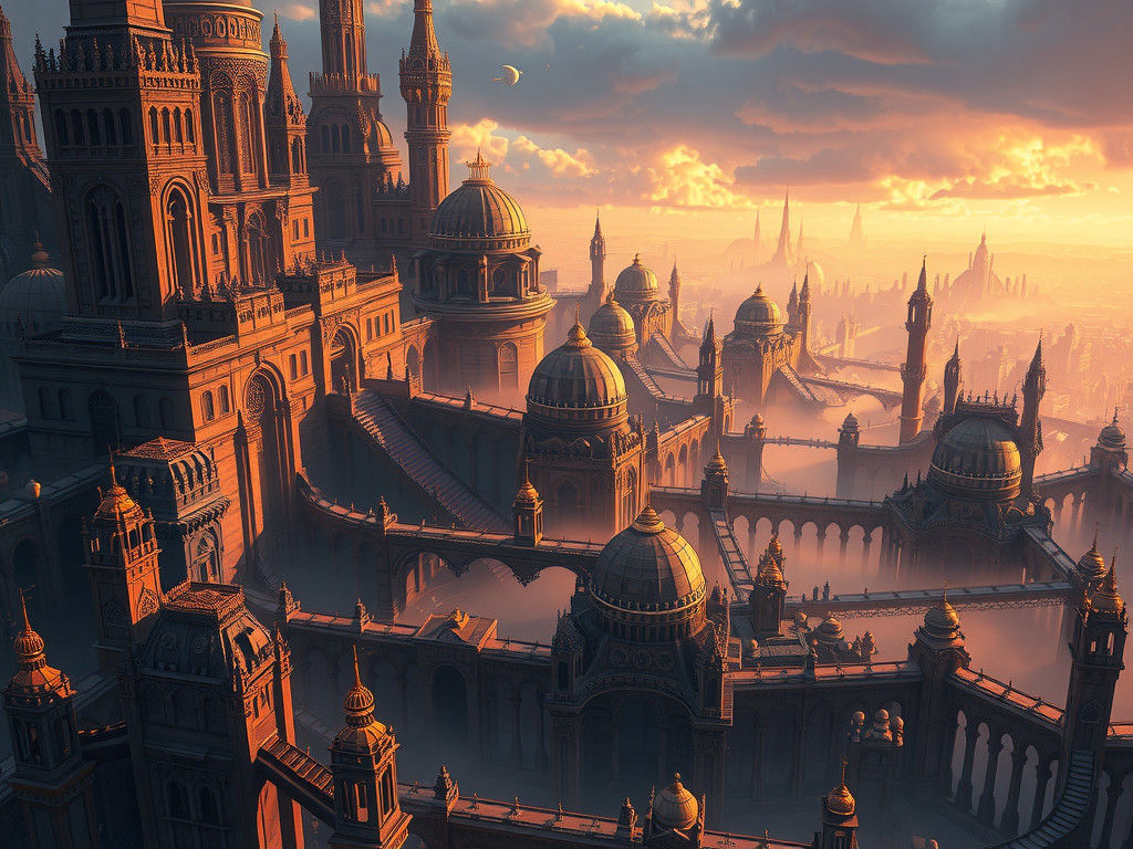 Golden Fantasy Cityscape in Digital Art Style