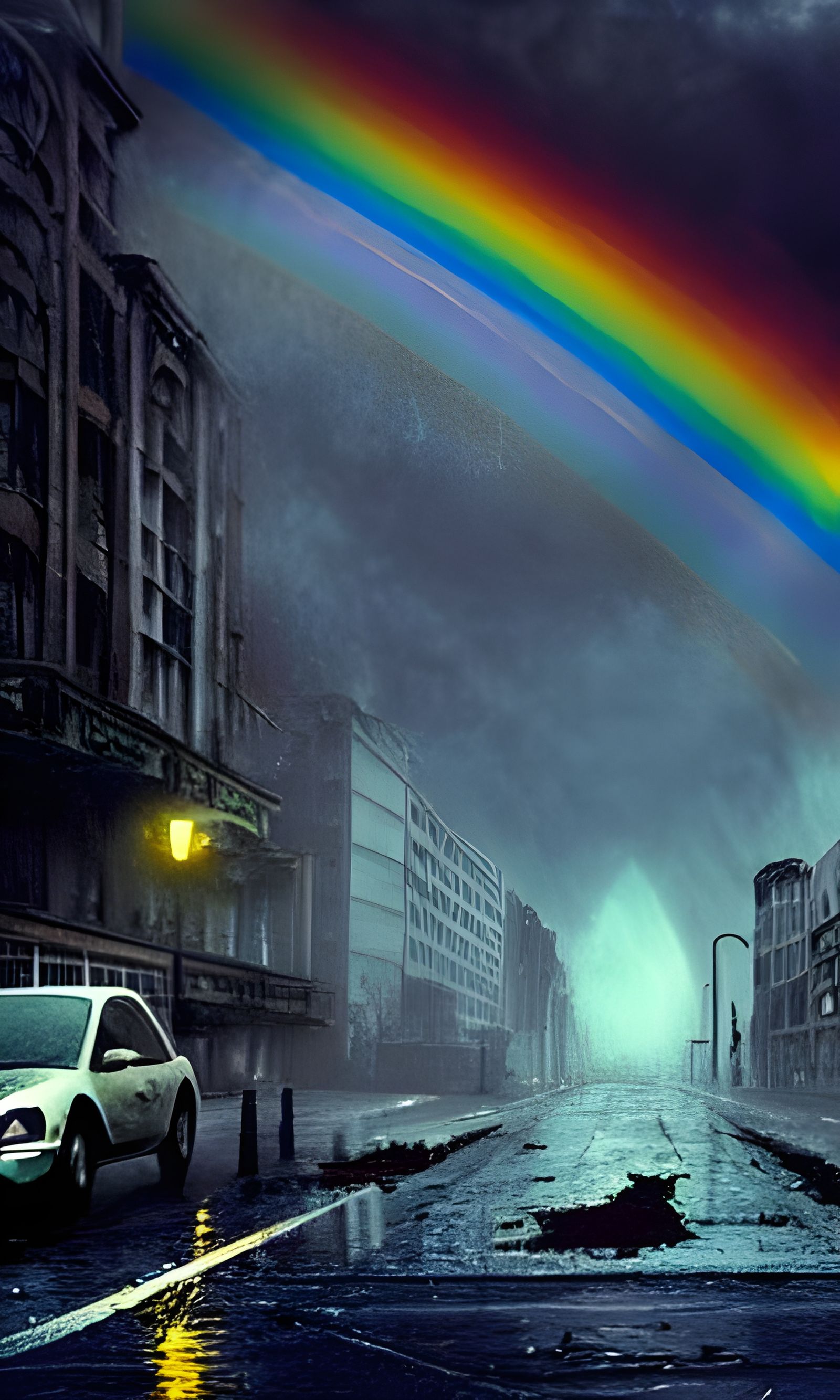 Post-Apocalyptic City Street with Rainbow, Mixed Media