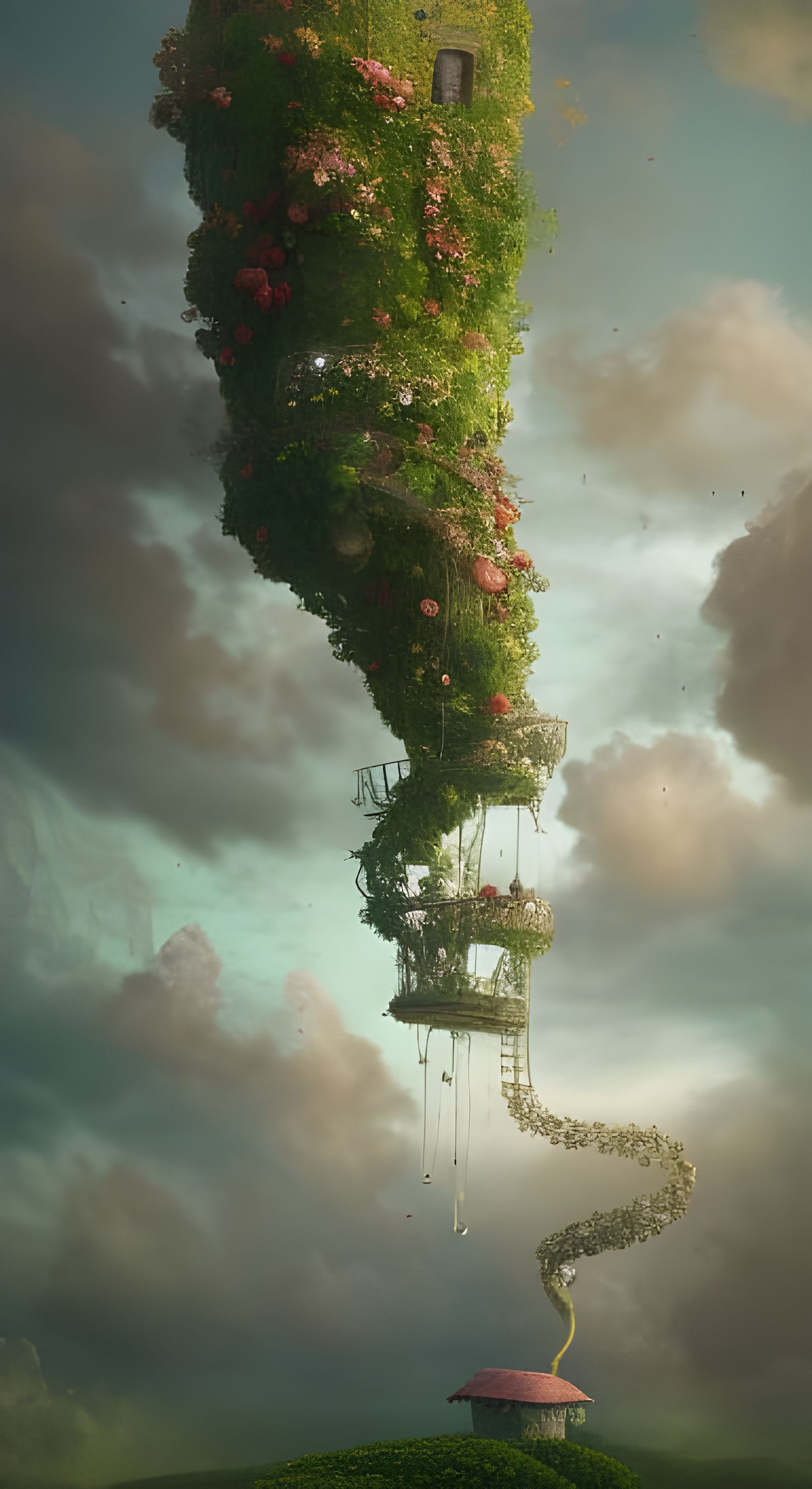 Giant Beanstalk Ascends Above Quaint Village