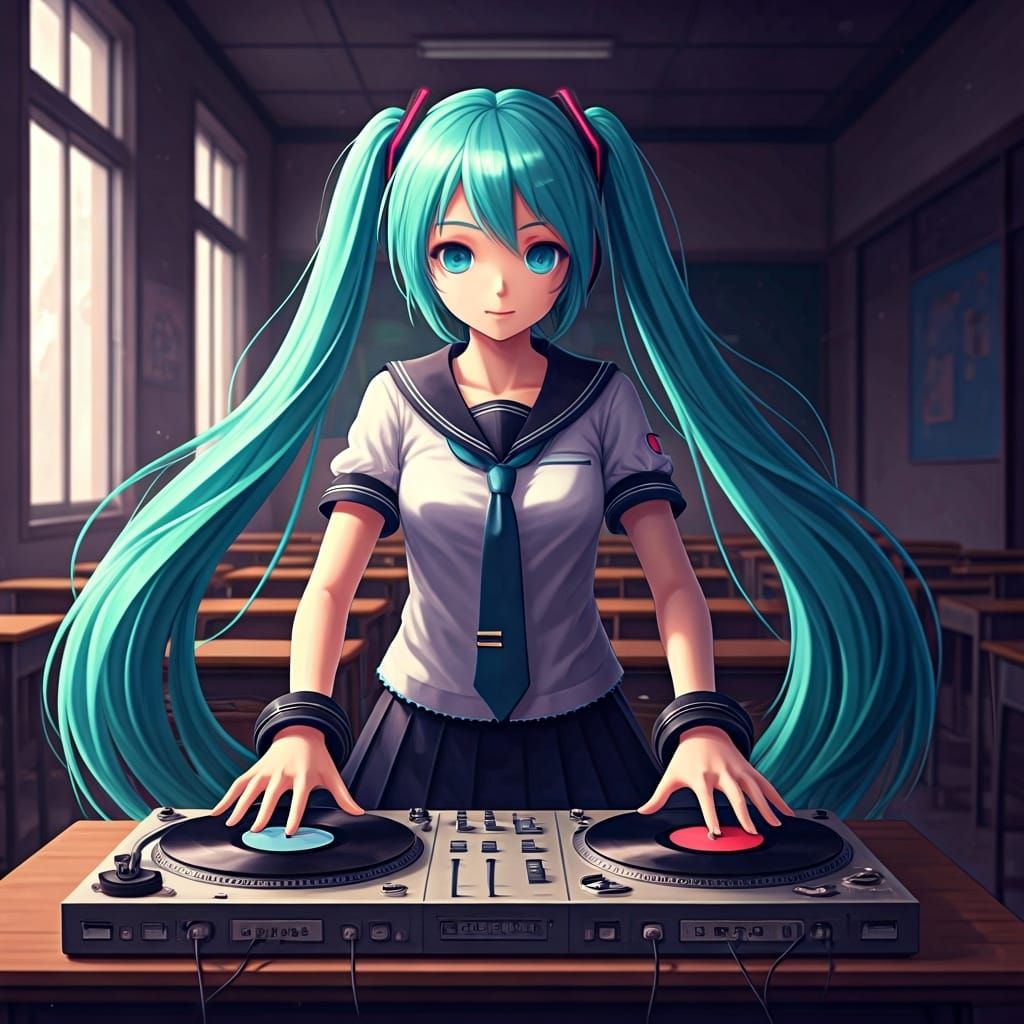 Hatsune Miku DJing in Vacant Classroom: Anime Cyberpunk