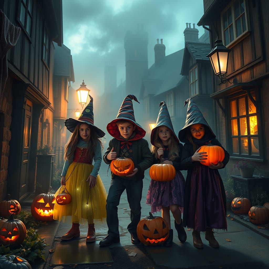 Halloween Trick-or-Treating in Old English Town