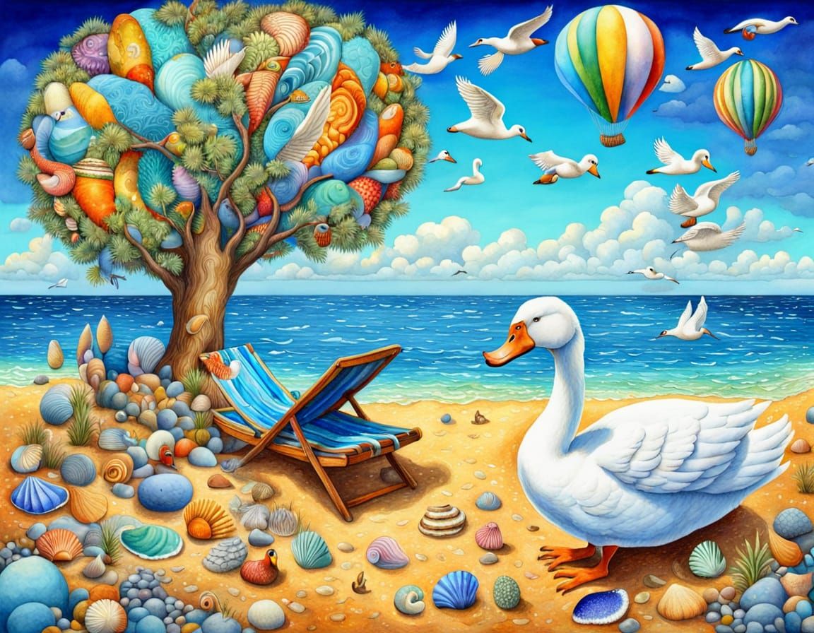 Happy Beach Scene with Swan and Duck in Vibrant Aquarelle St...