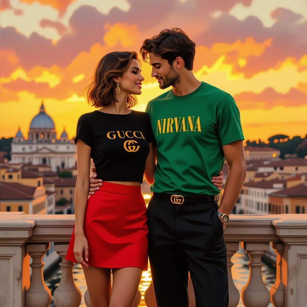 Couple in Love in Rome at Sunset, Romantic Realism Style