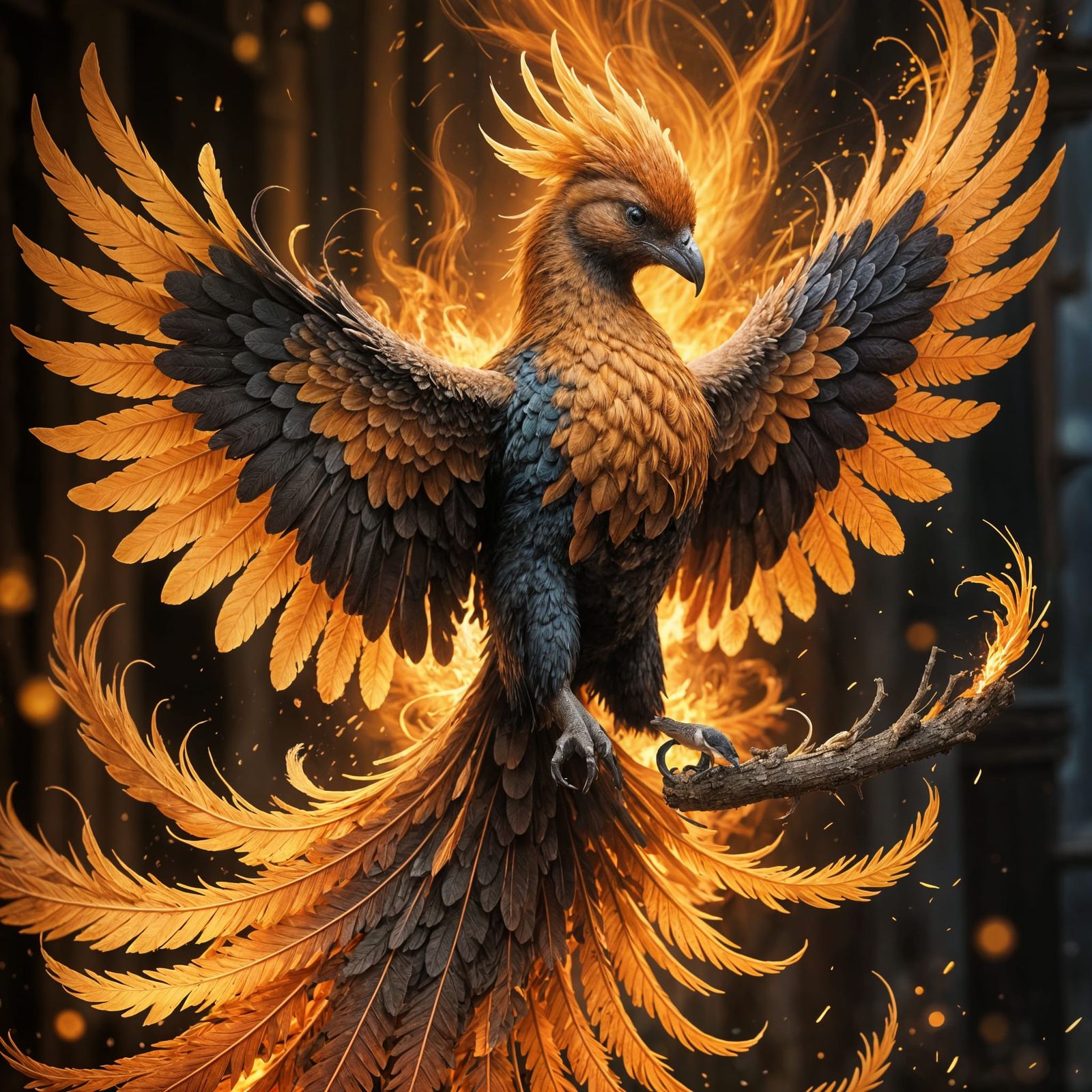 Fiery Phoenix Perches on a Human Fingertip in a Whimsical, C...