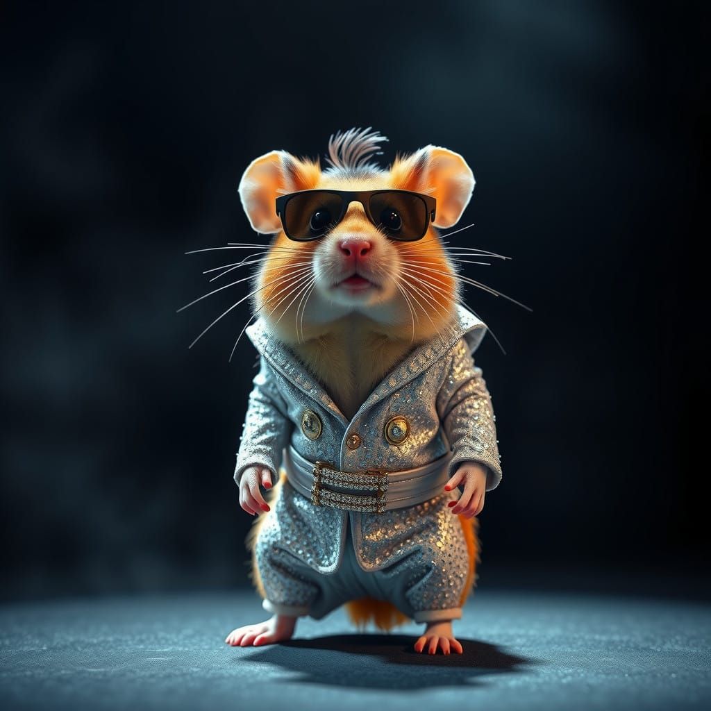 A hyper-realistic representation in 8K resolution of a hamster dressed and looking like Elvis Presley. The hamster is in...