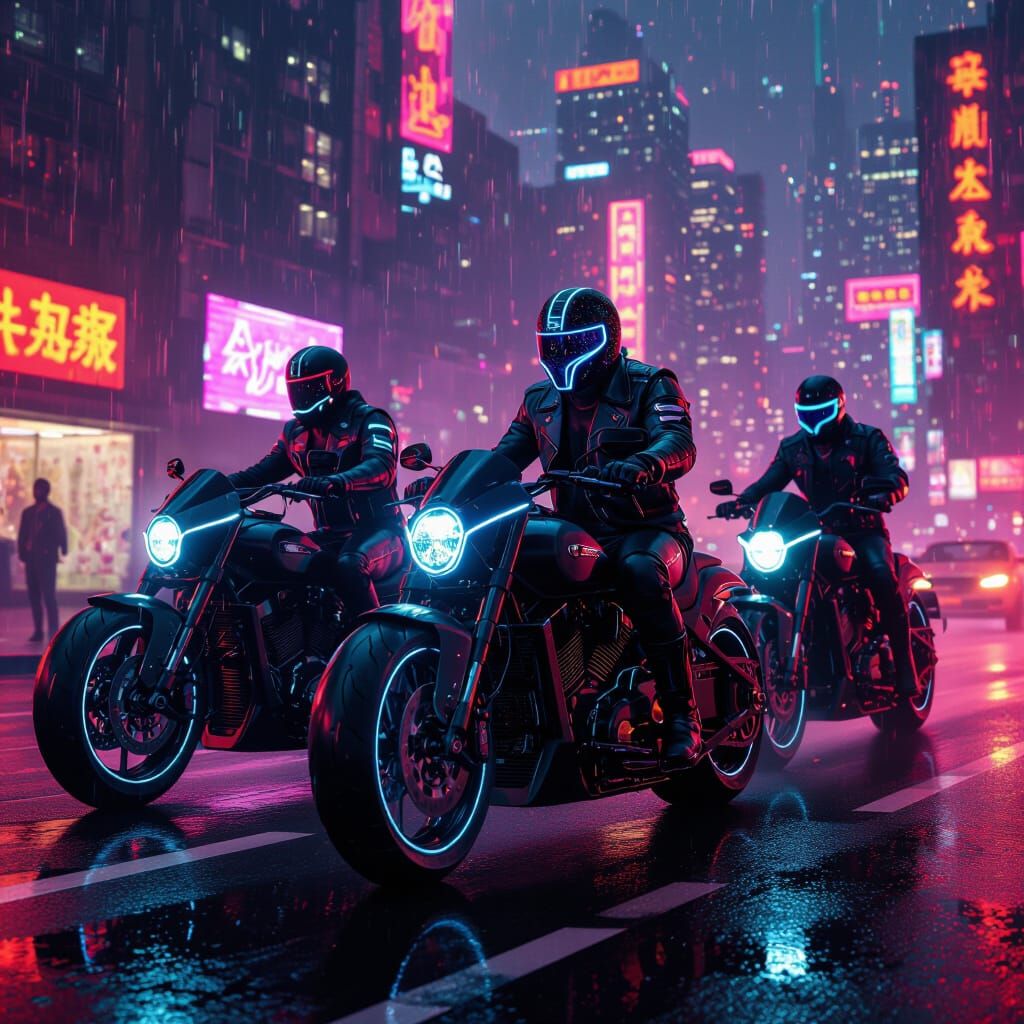 Cyberpunk Biker Gang Cruises Neon City