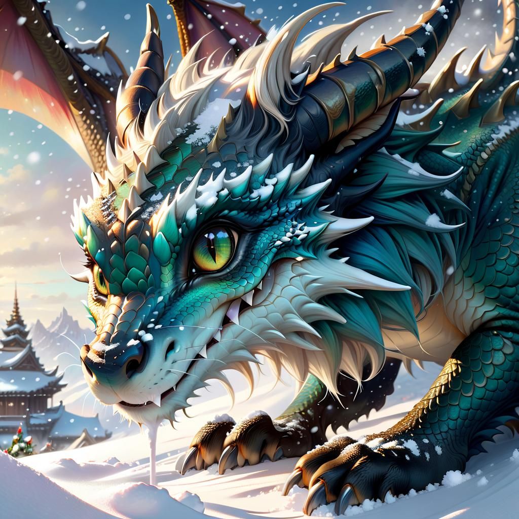 Anime Dragon Digging in Snow: Hyperdetailed Portrait