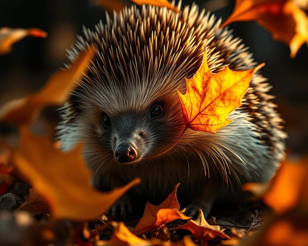 Hedgehog Playing With Autumn Leaves Close Up Portrait