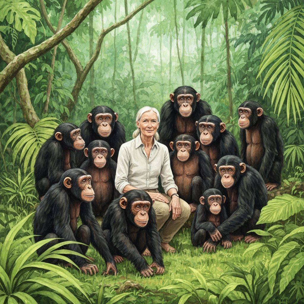 Chimpanzees and Jane Goodall in Lush Jungle Clearing