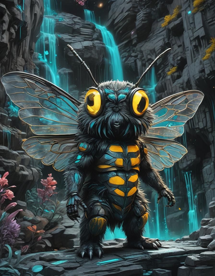 Surreal Bumblebee-Bunny Hybrid in Charcoal