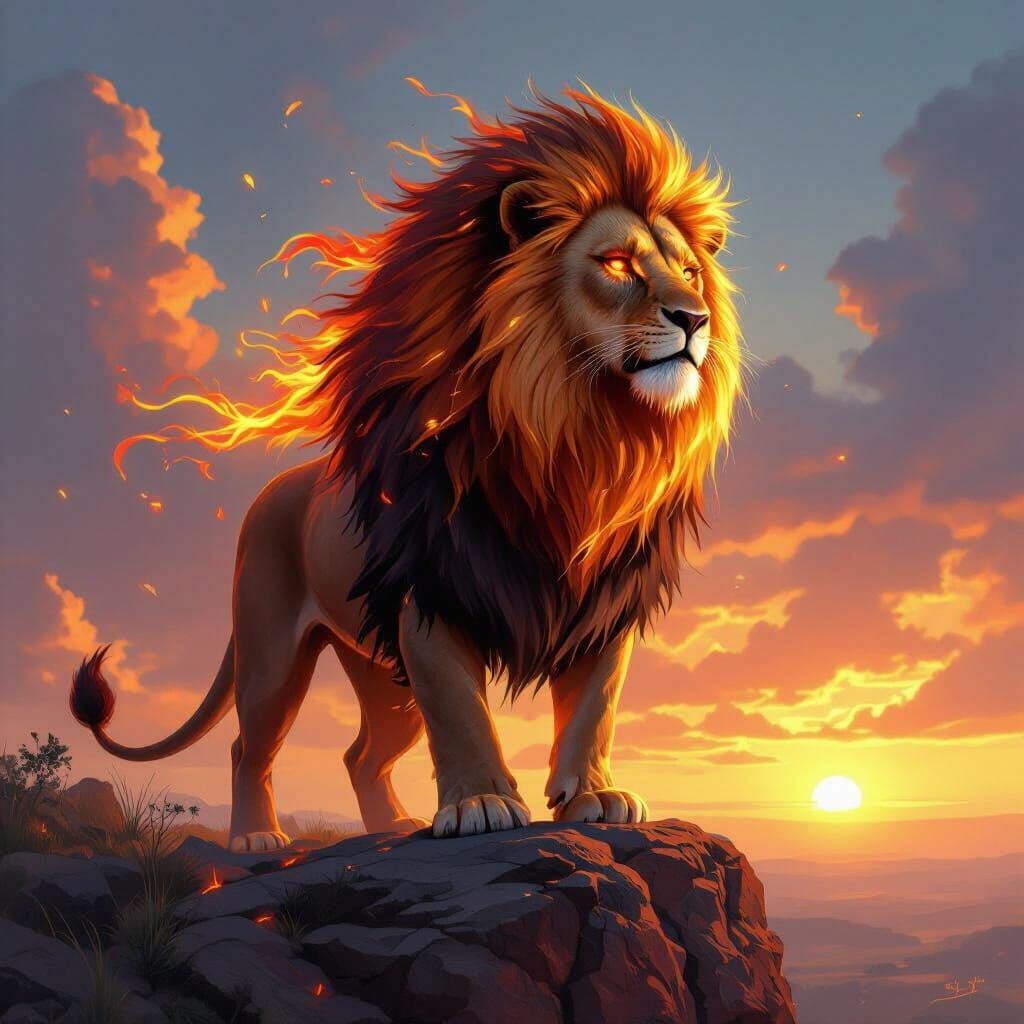 Fiery Lion Overlooking Savannah in Digital Painting Style