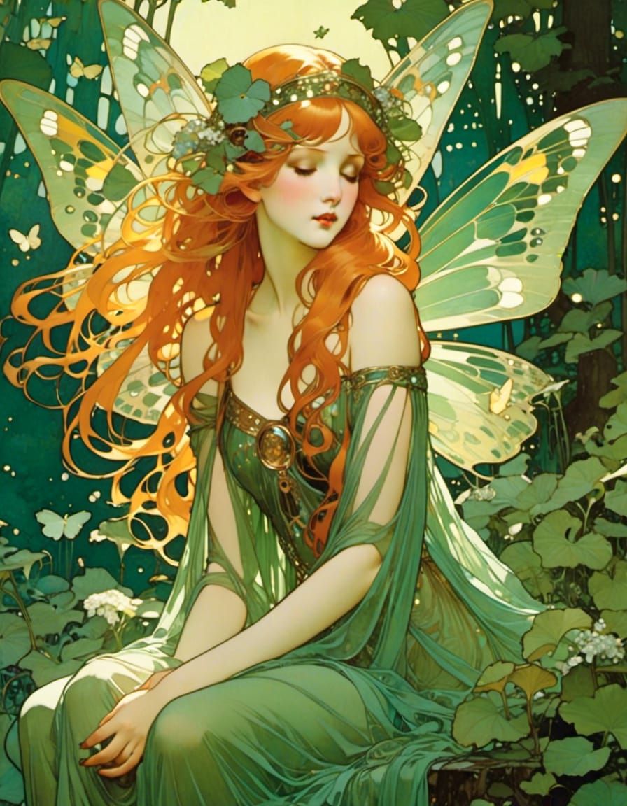 Copper Haired Fairy Surrounded by Fireflies in Art Nouveau